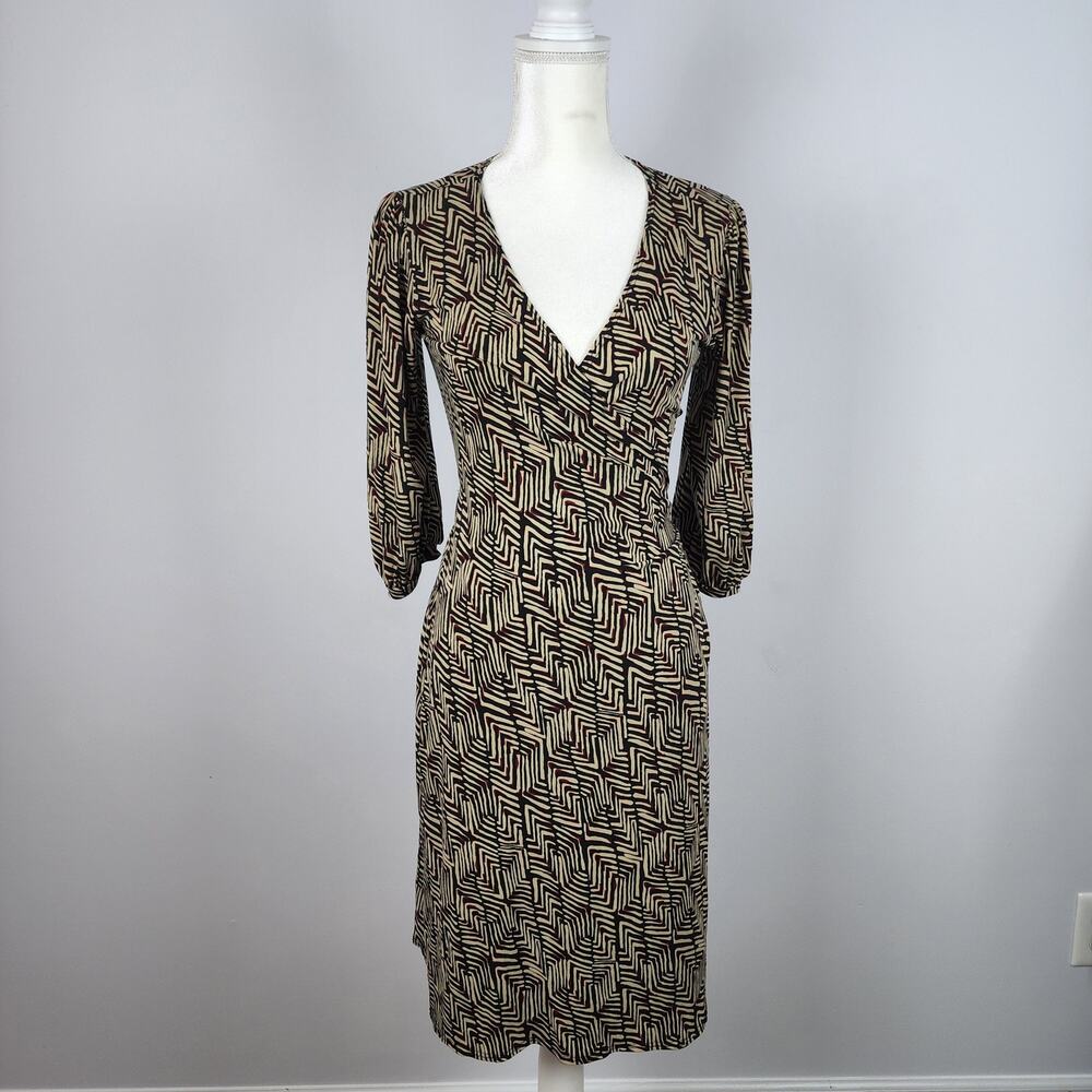Joyce Leslie Womens Geo Wrap Dress Size M Tan Stretch Jersey Gilmore Vintage Y2K